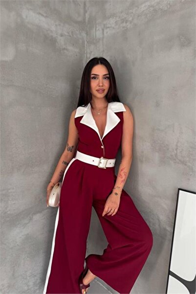Neşeli Butik kadın bordo çift renkli kemerli şerit detaylı tam boy kolsuz tul...