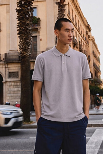COMBİNE MİCHAİL Men's Basic Loose Gray Polo Neck T-Shirt