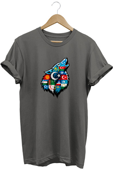 WİDİ Unisex Turkish States Flag and Bozkurt Printed Regular T-Shirt