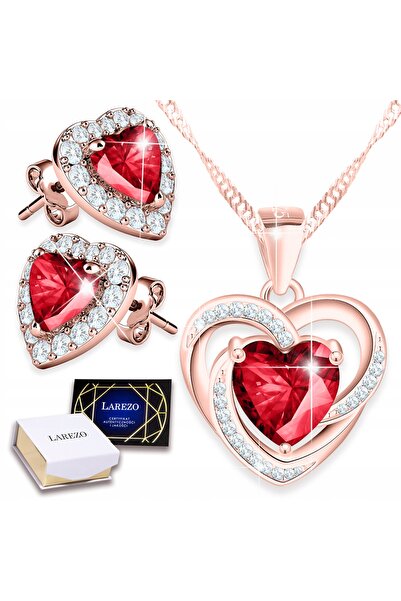 Larezo Set Bijuterii Placat Cu Aur Roz 18K, Colier Si Cercei Cu Motiv Inimioa...