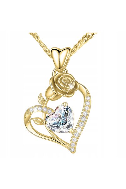 Larezo 925 Silver Necklace Gold Plated, Heart Pendant With Rose And White Cry...