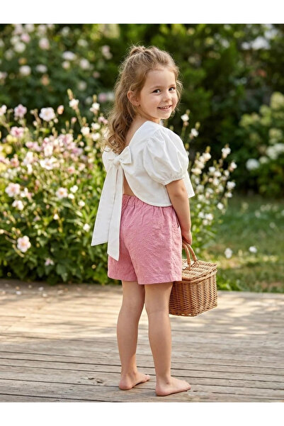 kidstalya Balloon Sleeve Back Bow Crop Top - Pink Shorts Set