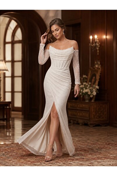 FashionForYou Long wedding dress CORALYA, with lace and corset, WHITE
