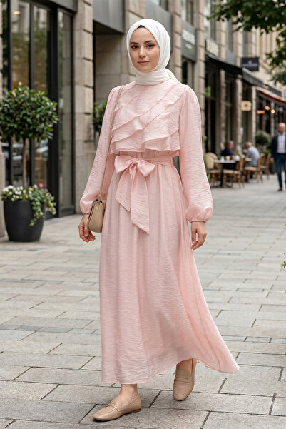 FERHEL Women's Elastic Waist Belted Layered Front Balloon Sleeve Lined Chiffo...