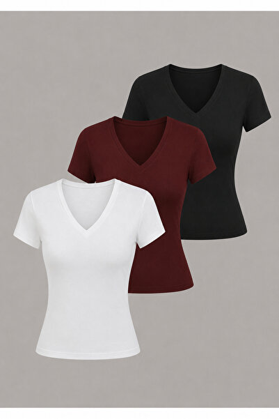 EVIus Women's Basic V-Neck Slim Fit T-Shirt Triple Set