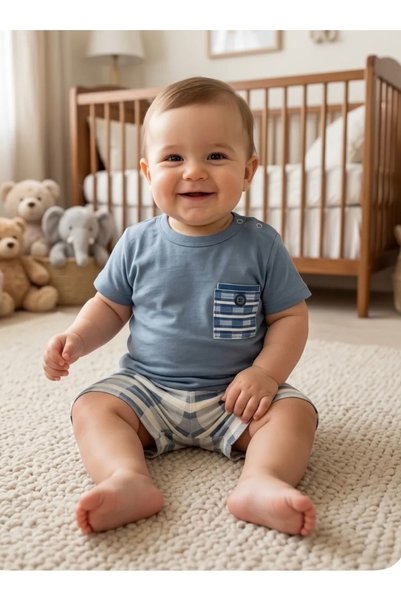 AKİ MODA KİDS Soft Blue Checkered Shorts Baby Set