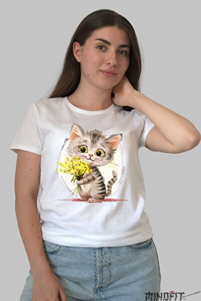 GILDAN Cat and Yellow Flowers Print T-Shirt