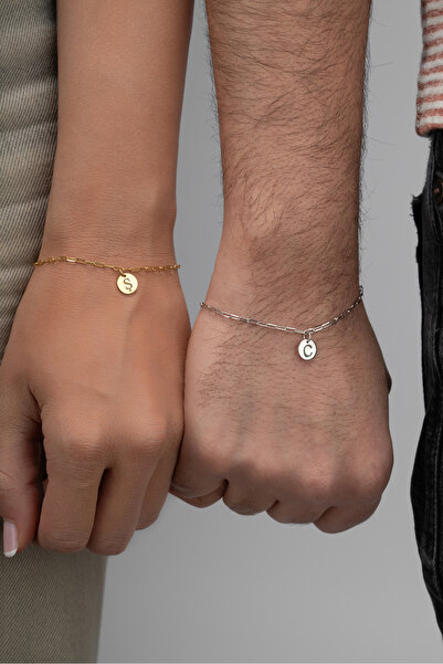 beonejewelry 925 Ayar Gümüş Kişiye Özel Harf Yazılı Çift Bileklik