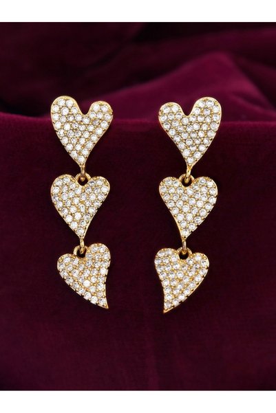 Evorya Women's Steel Zircon Stone Row Heart Earrings Gold