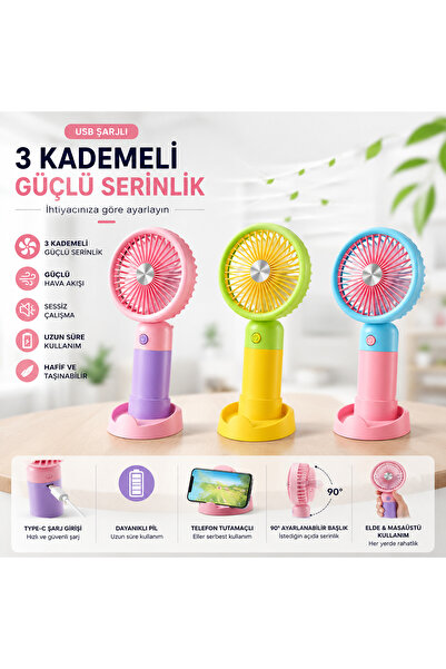 CSL Taşınabilir El Fanı 3 Kademeli Masaüstü Şarjlı Vantilatör - Telefon Tutac...