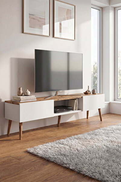 ROBEVE 140 cm Modern TV Ünitesi Konsol 2 Kapaklı Ahşap Ayaklı Televizyon Sehp...