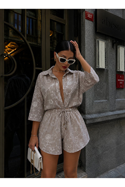 LB Laluna Butik Set de pantaloni scurți de cămașă oversize din stofă de in pe...