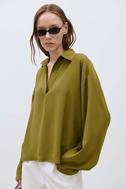 Suud Collection Yağ Yeşili Alessa Polo Yaka Tensel Bluz