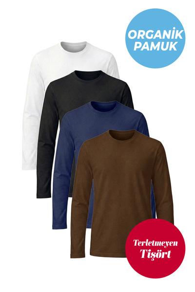 UNIQVIBE Set of 4 Organic Cotton Crew Neck Long Sleeve T-Shirts |   White, Bl...