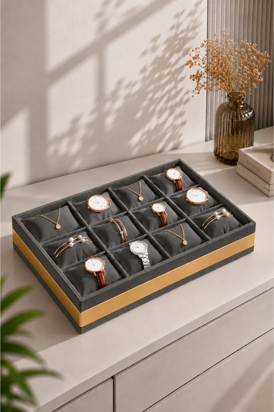 inteleven 12-Compartment Watch and Jewelry Organizer with Gold Stripes - Smoked