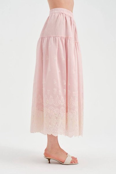 tw3 Women's Skirt with Embroidery Detail at the Hem, Elastic Waist Design, Long Skirt