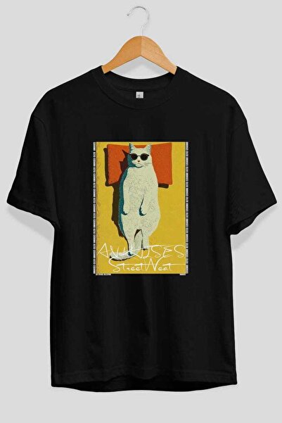 Ankhises For the Sake of Cat 117 Front Cat Printed Black Oversize T-Shirt 100...