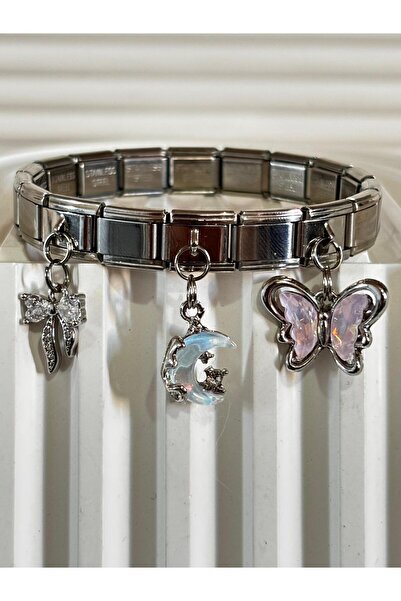 bijoux uniques Taşlı kurdele&ay&kelebek çelik italyan charm bileklik