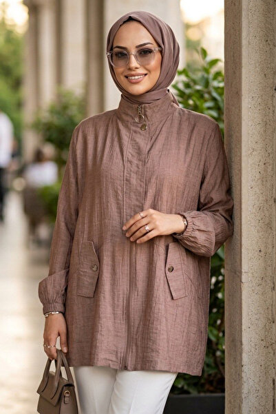 N.S NEVA STYLE Fermuarlı Camel Tesettür Tunik 15291C