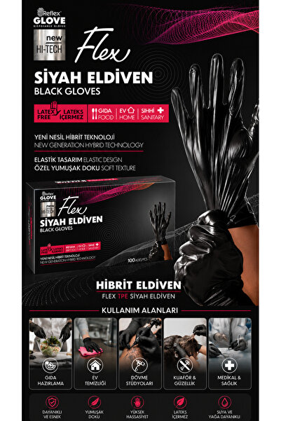 Medicalx Flex Tpe Hibrit Pudrasız Siyah Eldiven 100 Adet / L-XL Beden