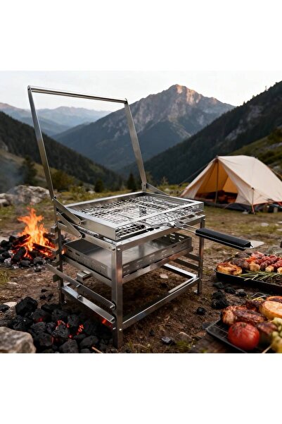 PROHUMMER Paslanmaz Çelik Hareketli Mangal - 40x30 cm Otomatik Çevirmeli Kömü...
