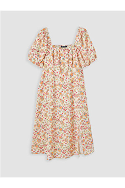 LC Waikiki New Season Orange Square Neck Floral Slit Dress