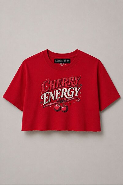 Lizbon Style Tricou crop pentru femei, cu imprimeu Cherry Energy, oversize, c...