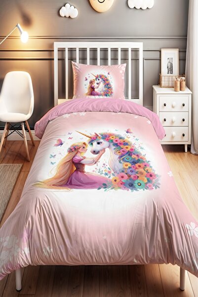 EVPANYA Çiçekli Unicorn Desenli Tek Kişilik Bebek Çocuk Nevresim Seti