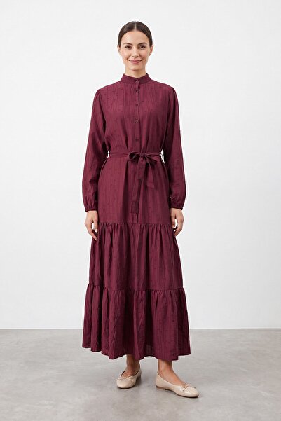Puane Kadın Kuşaklı Hakim Yaka Maxi Elbise - 12706ELB - BURGUNDY