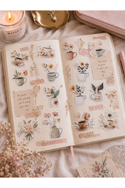 WhimsyWhite Kahve & Çiçek Temalı Tekli Sticker Seti - 24 Adet - Ajanda, Günlü...