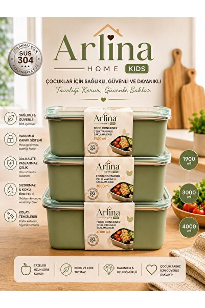 Arlina Home Kids 304 Stainless Steel 3-Piece Vacuum Storage Container Green