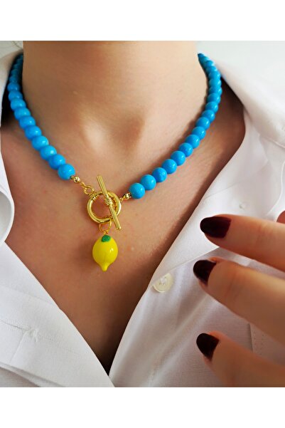 ONEPRETTYWISH Limon Murano Detaylı Kolye Mavi Boncuk