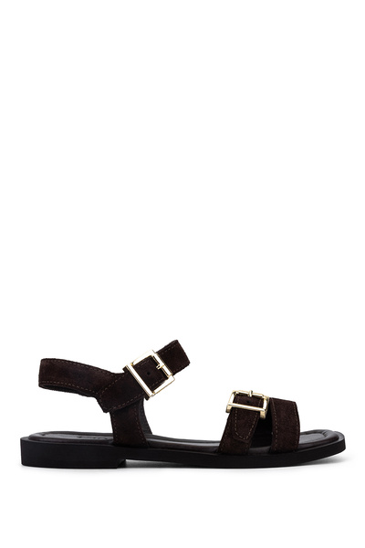 Tamer Tanca Women's Genuine Leather Brown Suede Flat Sandals