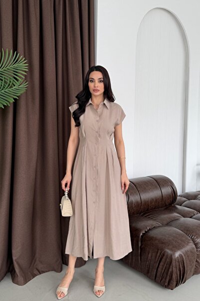 Serica Moda Taş Gömlek Yaka Düğmeli Pileli Tencel Kumaş Midi Elbise