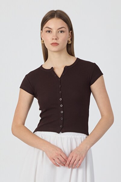 NİLİST Cotton Front Buttoned Camisole Crop Blouse - Brown