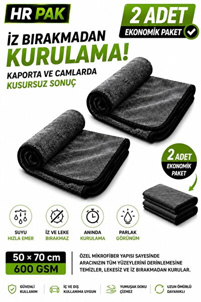 HR PAK 50x70 cm 2 adet Kirpi Bez Profesyonel Oto Kurulama Bezi Bükümlü İplik ...