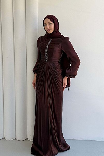 Modaensarbutik Parıltılı Janjan Kumaş İnci İşlemeli Tesettür Abiye-BORDO
