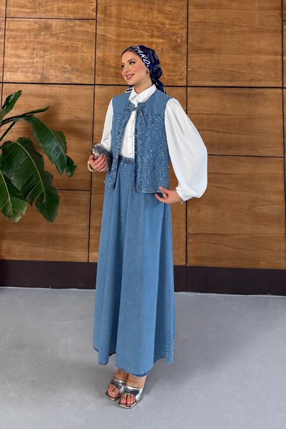 Miss Allos Women's Embroidered Vest Skirt Jeans Set