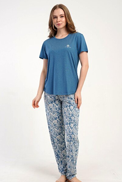 KEZOKİNO Women's Short-Sleeved Blue Pajama Set Relaxed Cut Summer Home Wear C...