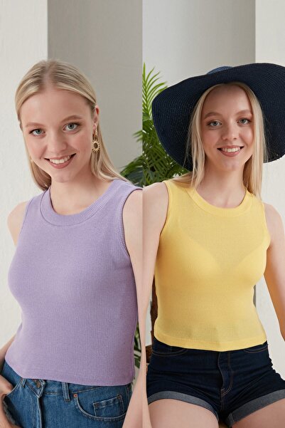 Feyece Women's Yellow Lilac Halter Neck 2-Piece Crop Blouse