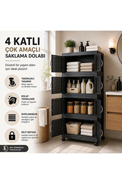LOREMPBOX 4 Katlı Çok Amaçlı Plastik Saklama Dolabı Tekerlekli Kapaklı Düzenl...