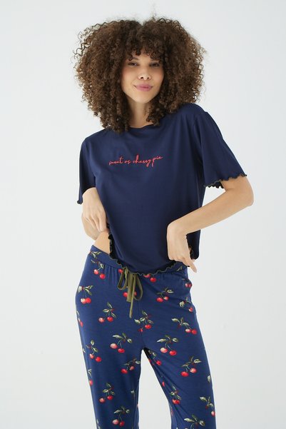 İPEKTENİM Text Printed Ornamental Corded Baby Overlock Viscose Pajama Set