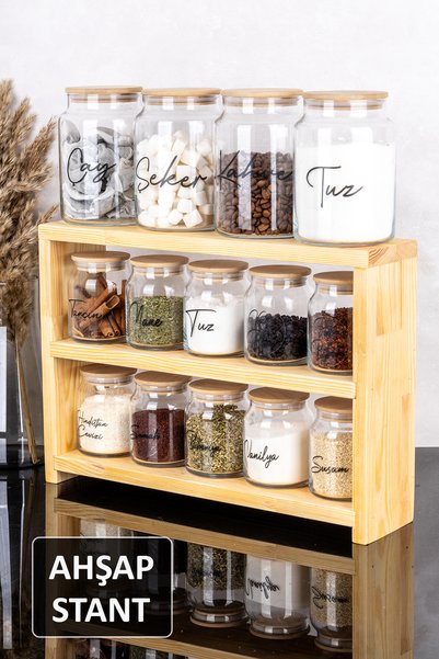 Dolkin Home 14-Piece Organizer Set with 3-Tier Wooden Stand - 10-Piece 300 ml Spice Jar Set 4-Piece 800 ml Jar Set Glass Jars Transparent Spice Rack Storage Container with Labels