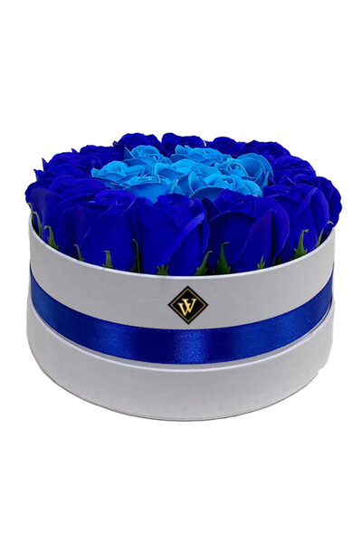 velve Aranjament floral in doua culori, cutie rotunda cu 21 trandafiri sapun