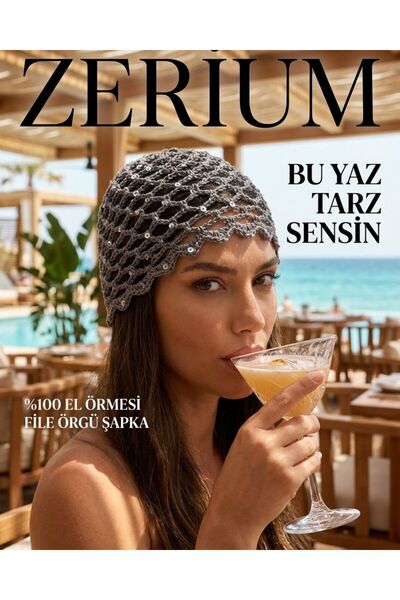 ZERİUM Ručno izrađena ženska pletena boemska mrežasta letnja kapa sa šljokica...