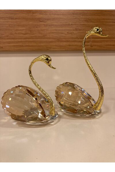 PLUS HOME DEKORATİF 2'Lİ KRİSTAL VE PİRİNÇ KUĞU OBJE RENK BAL ALTIN YÜKSEKLİK 16 VE 12 CM ÇAPI 9 CM