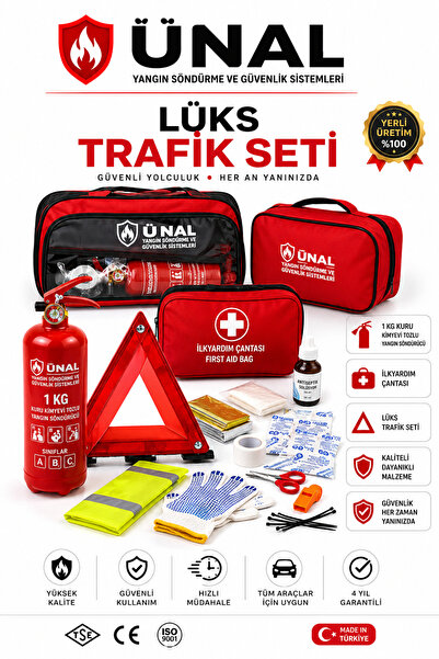 ünalgrup Lüks Trafik Seti | 1 KG Yangın Söndürücü + İlk Yardım Çantası | TÜVT...