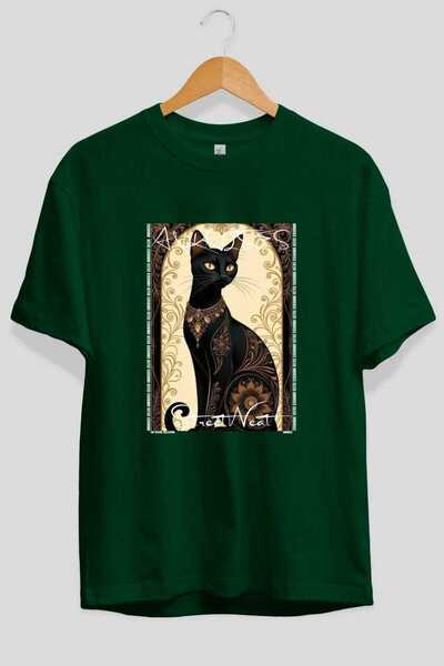 Ankhises For the Sake of Cat 86 Front Cat Printed Green Oversize T-Shirt 100%...