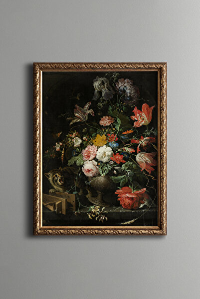 epiqart Floral Composition with Cat - Vintage Patterned Frame - Slim Model