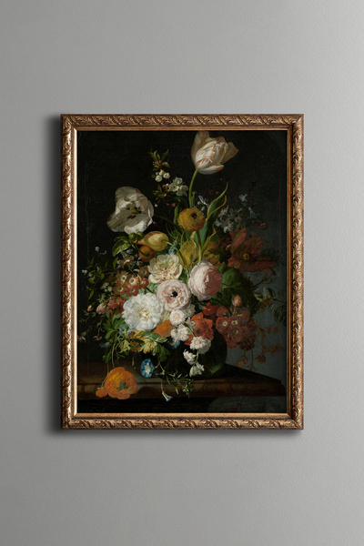 epiqart Tulips and Peonies in Glass Vase - Vintage Patterned Frame - Slim Model